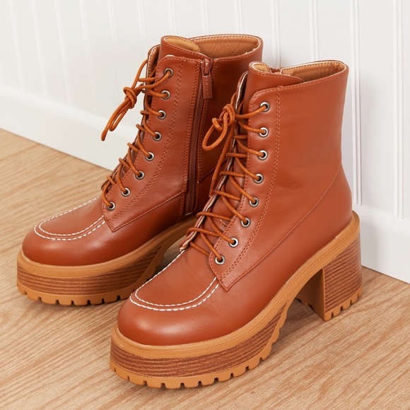 Lace Up Tan Platform Fall Boots - Picture 3 of 9